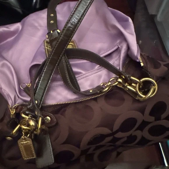 Coach Brown Signature Logo Nylon Shoulder Bag with Gold Hardware - Picture 7 of 7